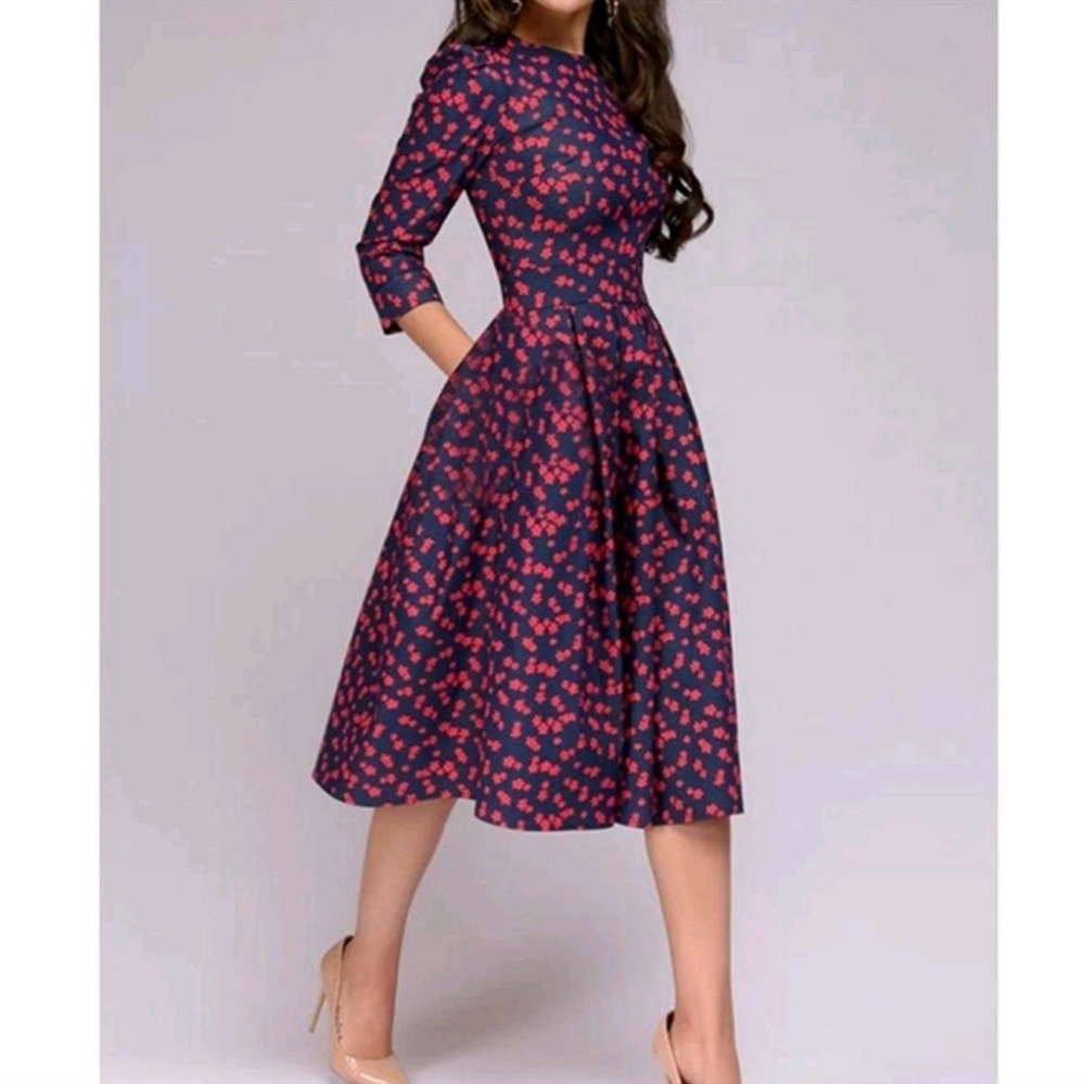 Simple Flavor Women's Floral Vintage Dress Elegant Midi Dress 3/4 Sleeve sz XXL